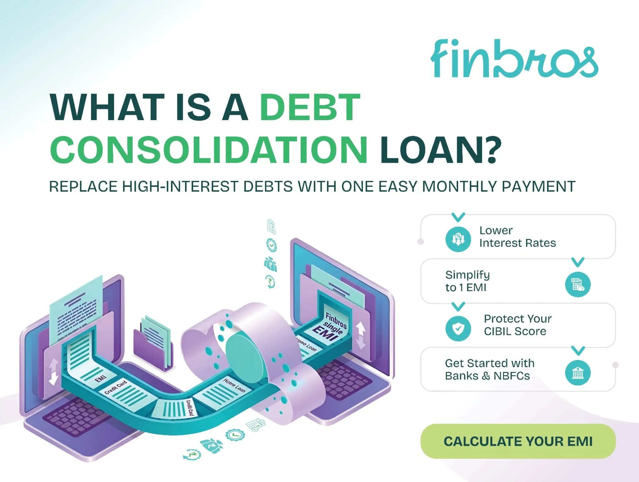 Indian professional reviewing multiple debts converging into a single debt consolidation loan EMI