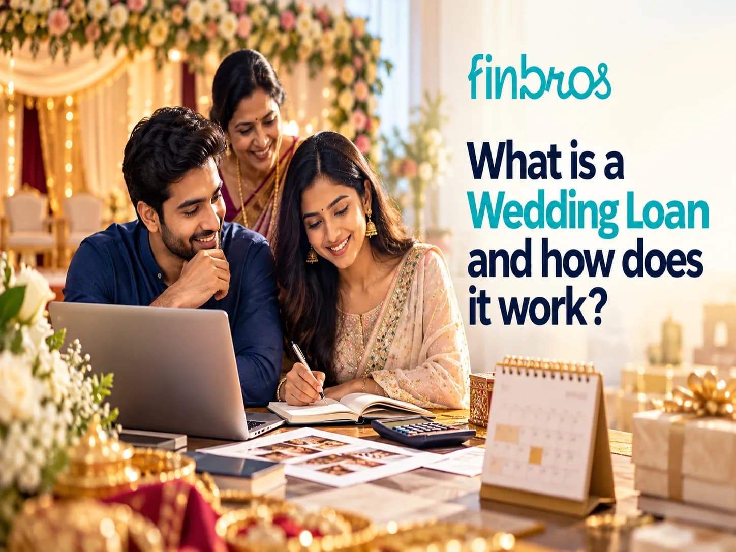Indian couple and family reviewing a wedding loan budget, repayment calendar and wedding plans